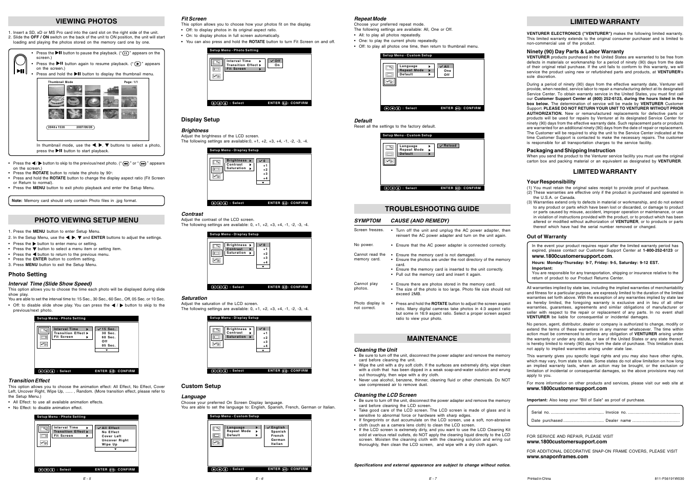 Maintenance, Troubleshooting guide, Viewing photos | Photo viewing setup menu, Limited warranty | Venturer DPF561SE User Manual | Page 2 / 2