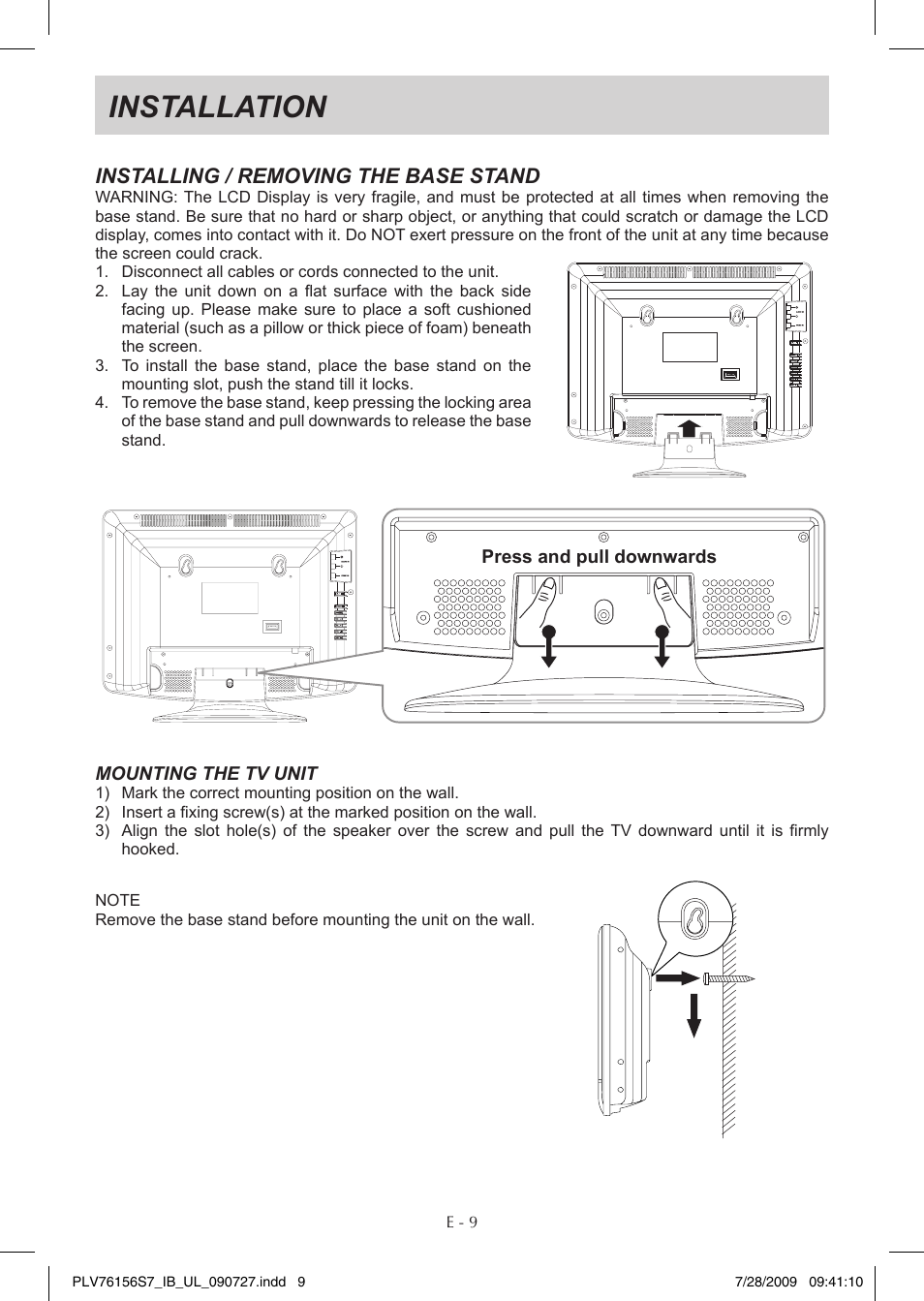 Installation, Installing / removing the base stand | Venturer PLV76156 User Manual | Page 10 / 16