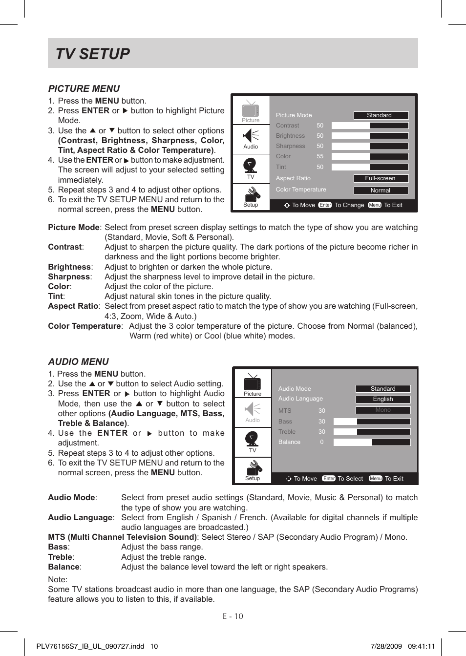 Tv setup, Picture menu, Audio menu | Venturer PLV76156 User Manual | Page 11 / 16