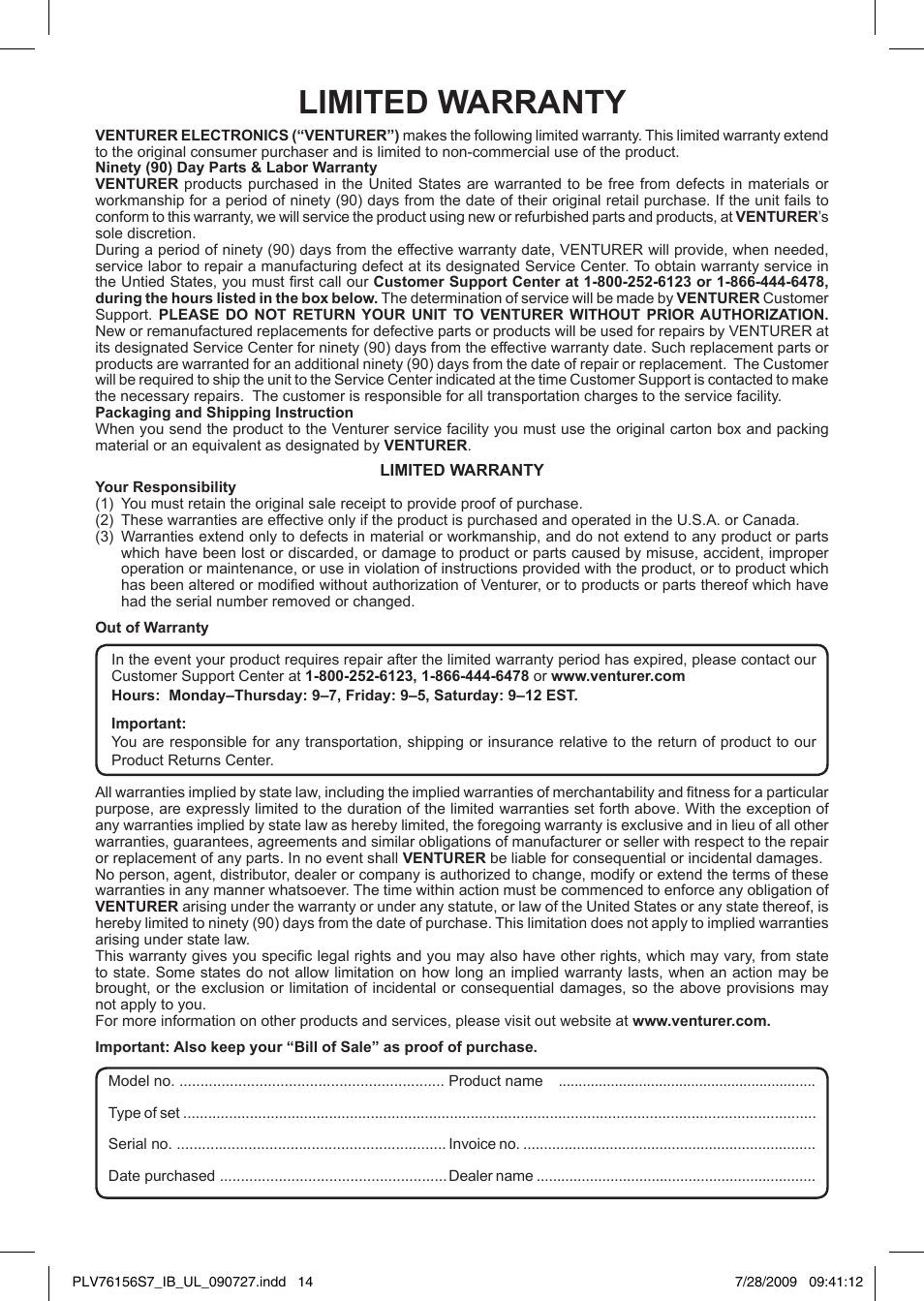 Limited warranty | Venturer PLV76156 User Manual | Page 15 / 16