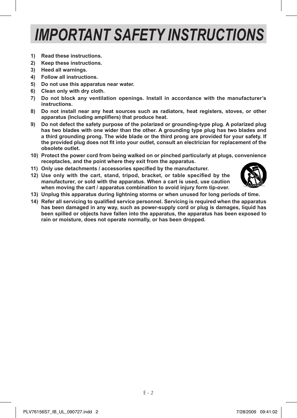 Important safety instructions | Venturer PLV76156 User Manual | Page 3 / 16
