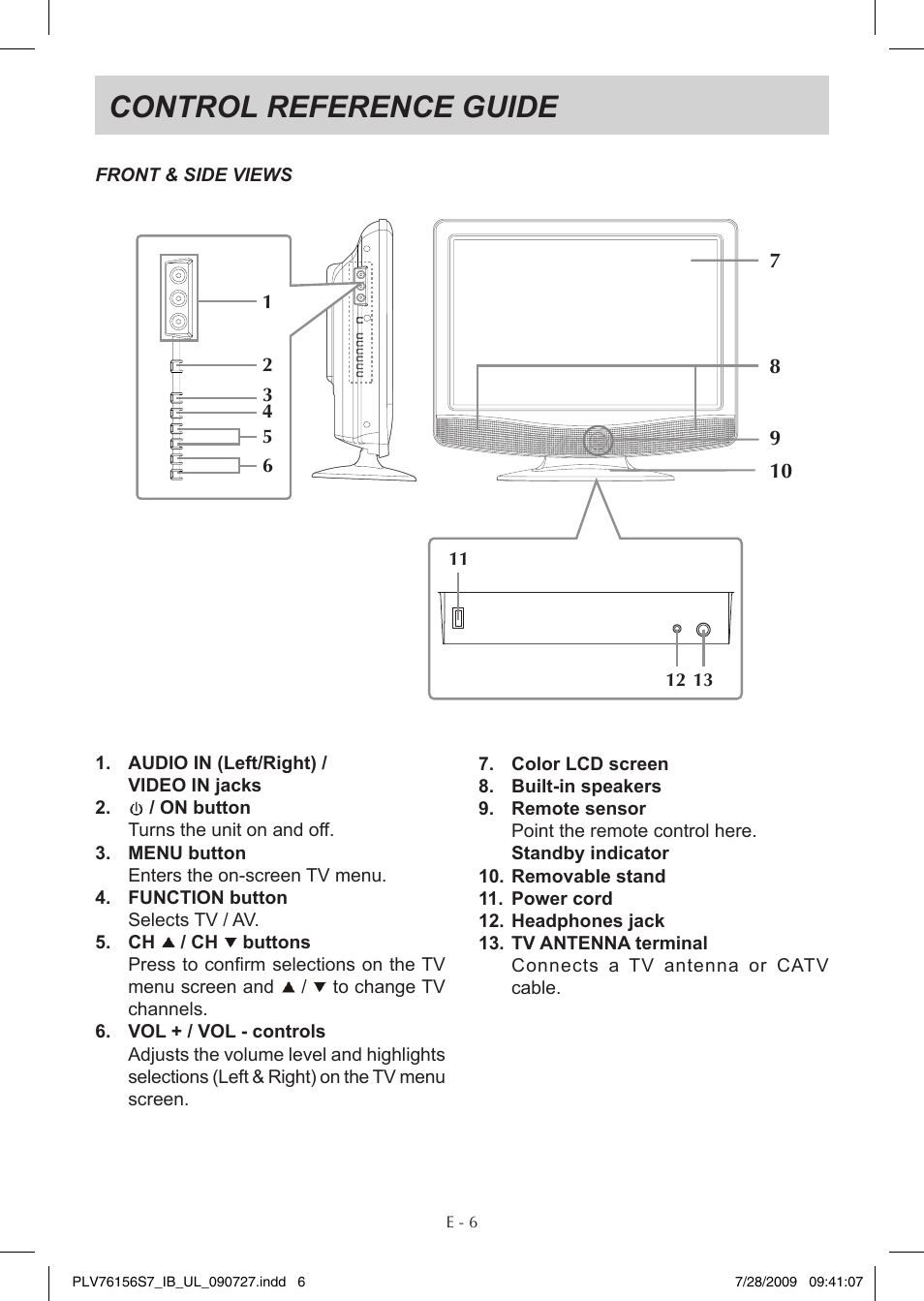 Control reference guide | Venturer PLV76156 User Manual | Page 7 / 16