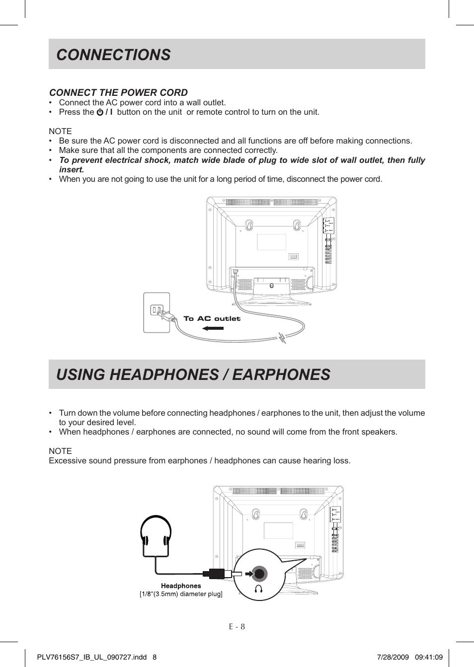 Connections, Using headphones / earphones | Venturer PLV76156 User Manual | Page 9 / 16