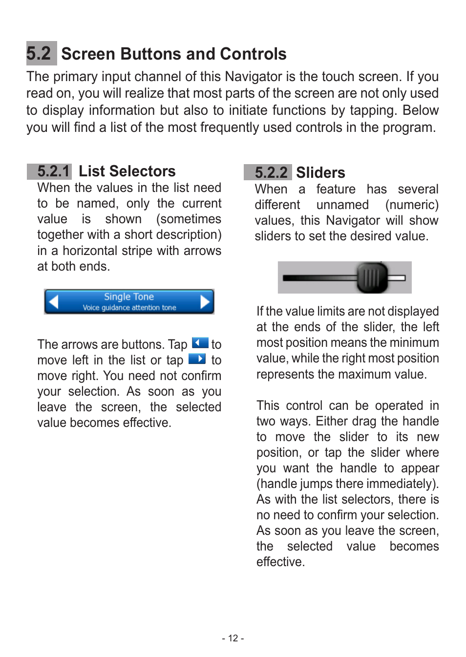 Screen buttons and controls, 1 list selectors, 2 sliders | Venturer HPS9308 User Manual | Page 12 / 100