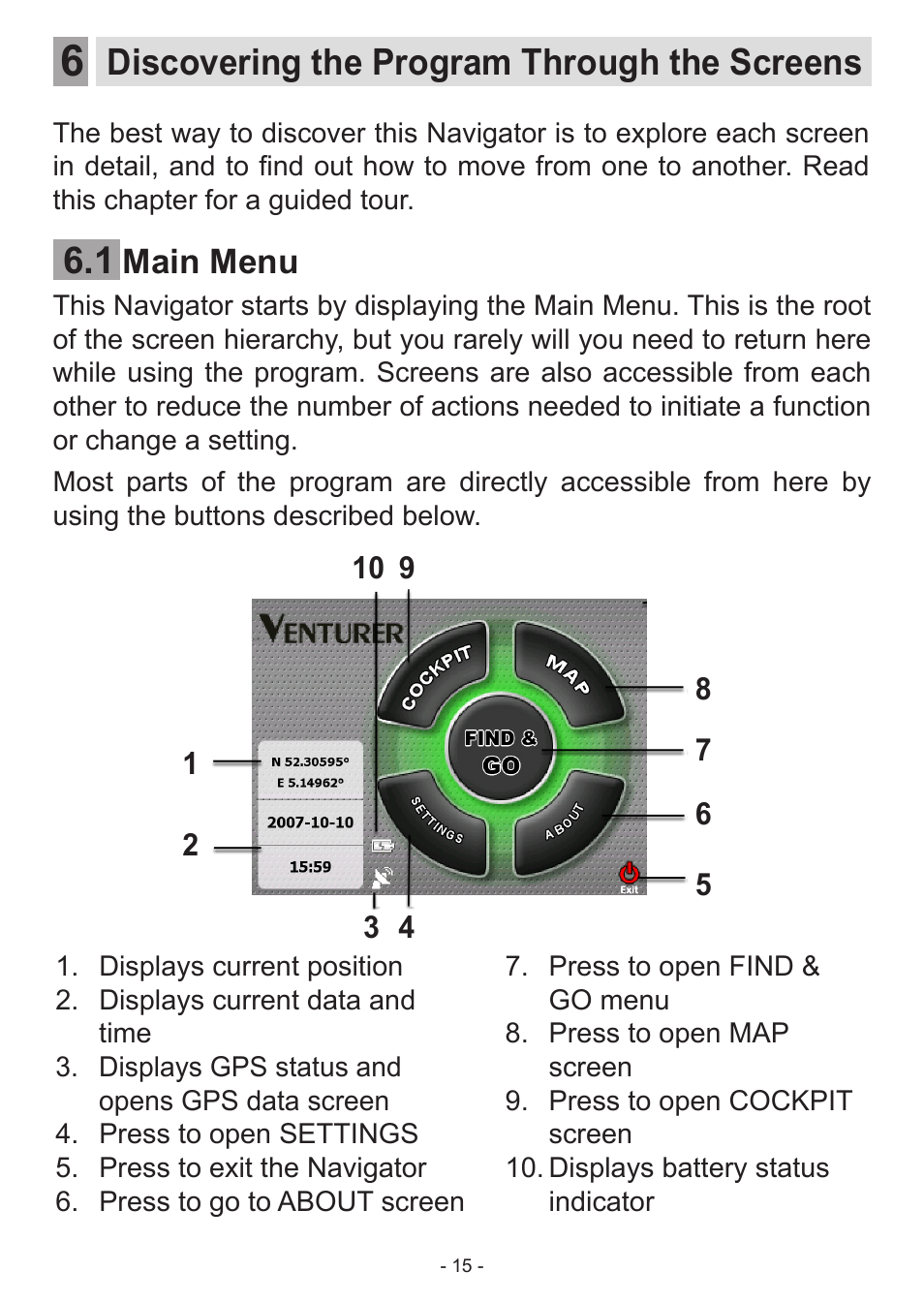 Discovering the program through the screens, Main menu | Venturer HPS9308 User Manual | Page 15 / 100