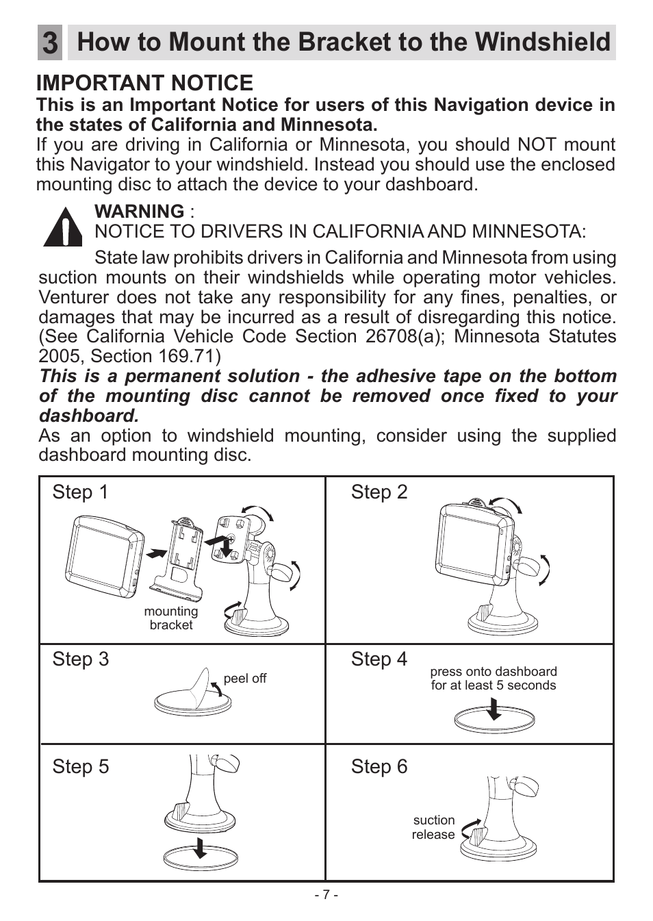 How to mount the bracket to the windshield, Important notice | Venturer HPS9308 User Manual | Page 7 / 100