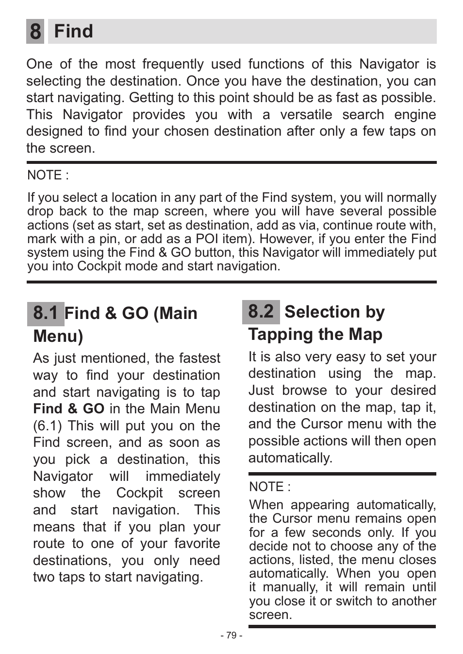 Find, Find & go (main menu), Selection by tapping the map | Venturer HPS9308 User Manual | Page 79 / 100