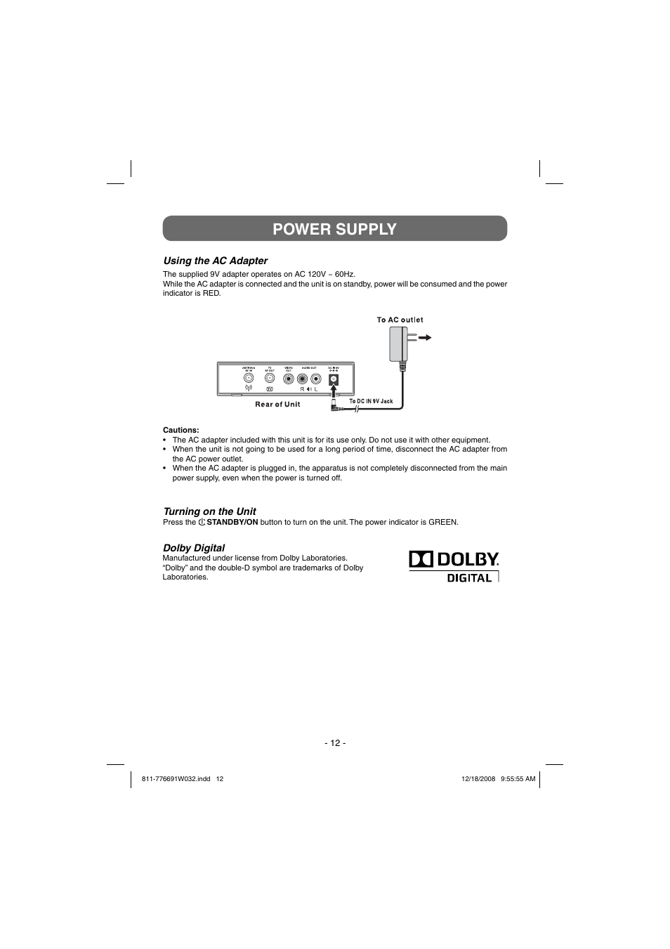 Power supply | Venturer STB7766G1 User Manual | Page 13 / 23