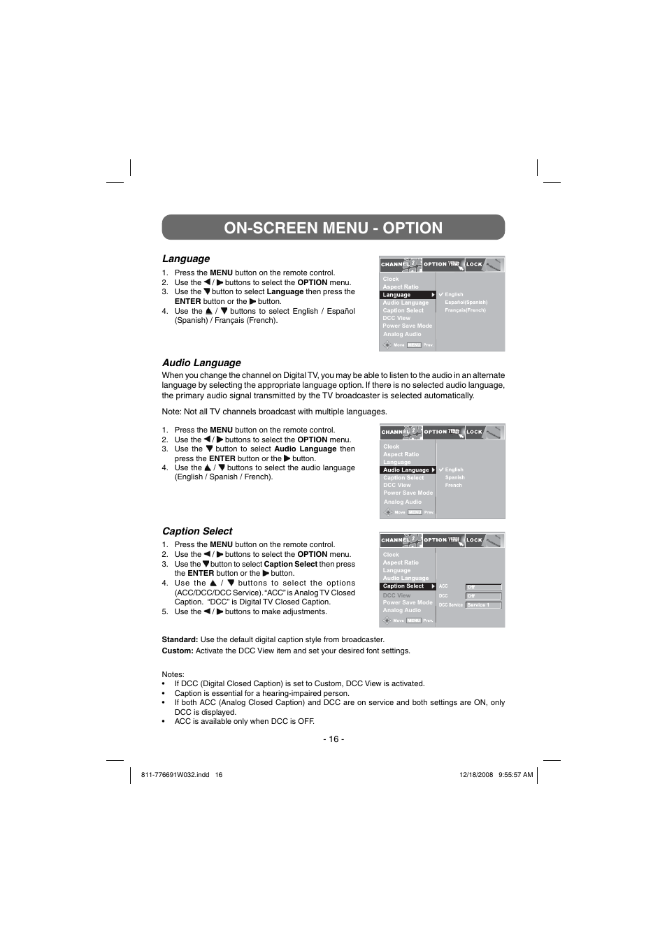 On-screen menu - option | Venturer STB7766G1 User Manual | Page 17 / 23