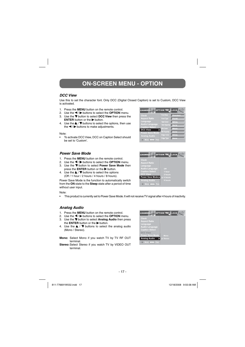 On-screen menu - option | Venturer STB7766G1 User Manual | Page 18 / 23