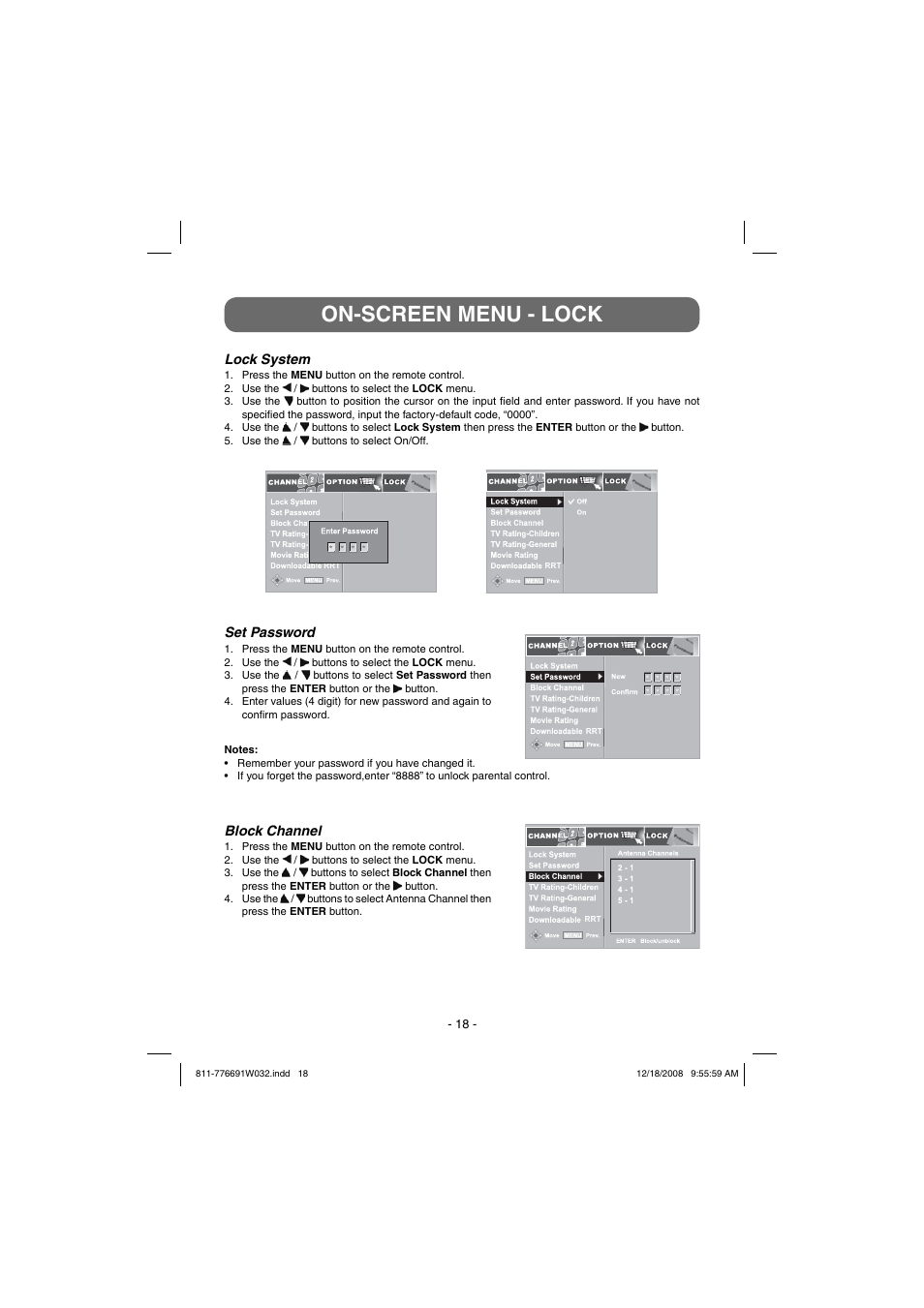 On-screen menu - lock | Venturer STB7766G1 User Manual | Page 19 / 23