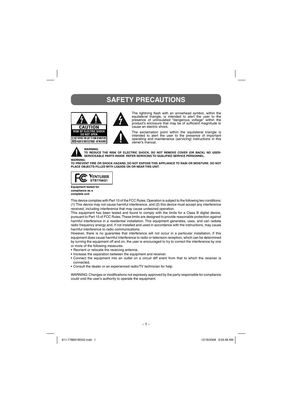 Safety precautions | Venturer STB7766G1 User Manual | Page 2 / 23