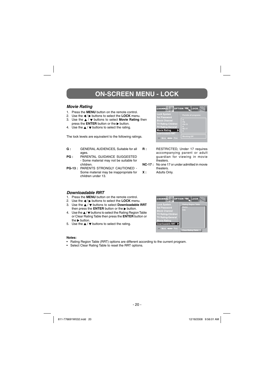 On-screen menu - lock, Downloadable rrt, Movie rating | Venturer STB7766G1 User Manual | Page 21 / 23