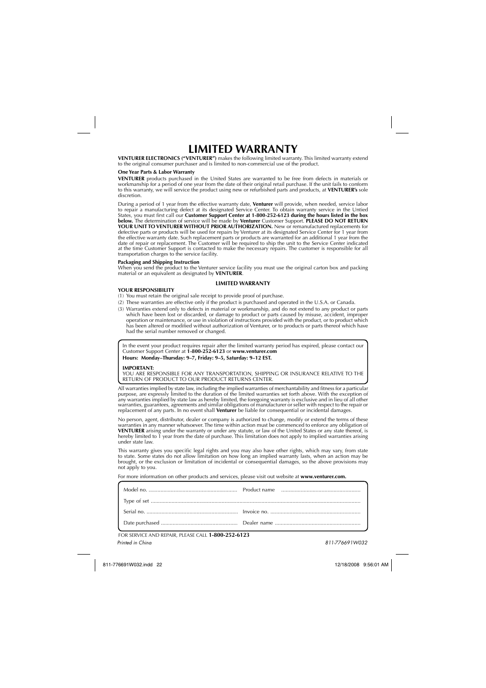Limited warranty | Venturer STB7766G1 User Manual | Page 23 / 23