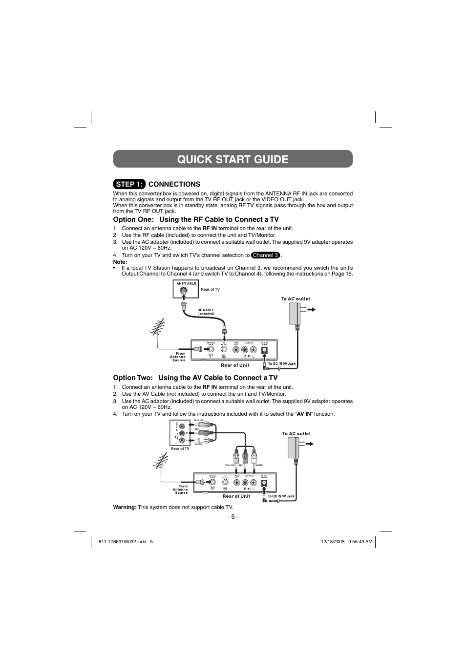 Quick start guide, Option two: using the av cable to connect a tv | Venturer STB7766G1 User Manual | Page 6 / 23