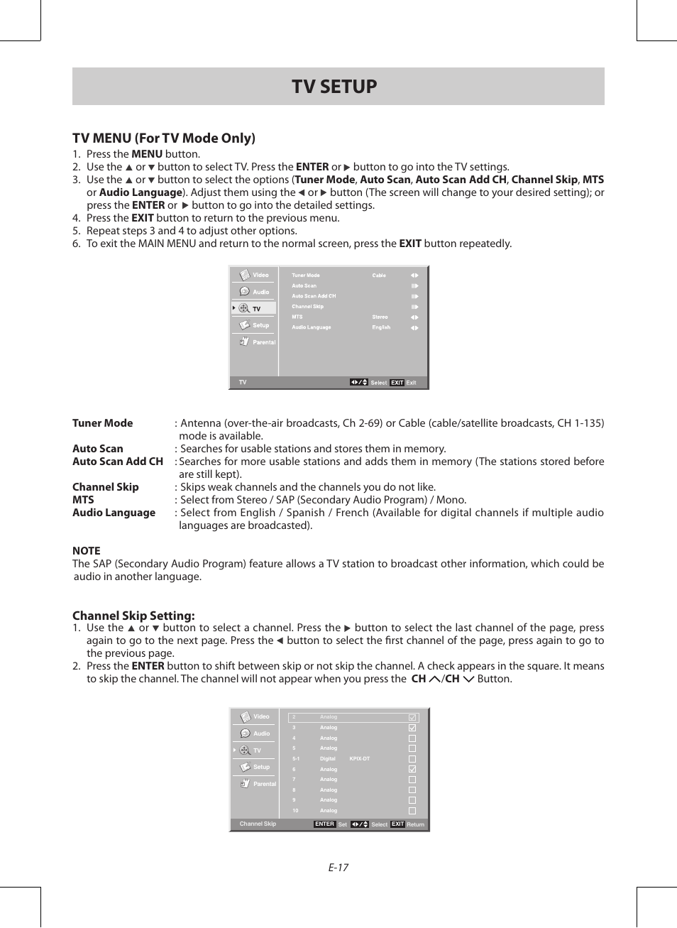 Tv setup, Tv menu (for tv mode only), Channel skip setting | E-17 | Venturer PDV28420C User Manual | Page 18 / 27