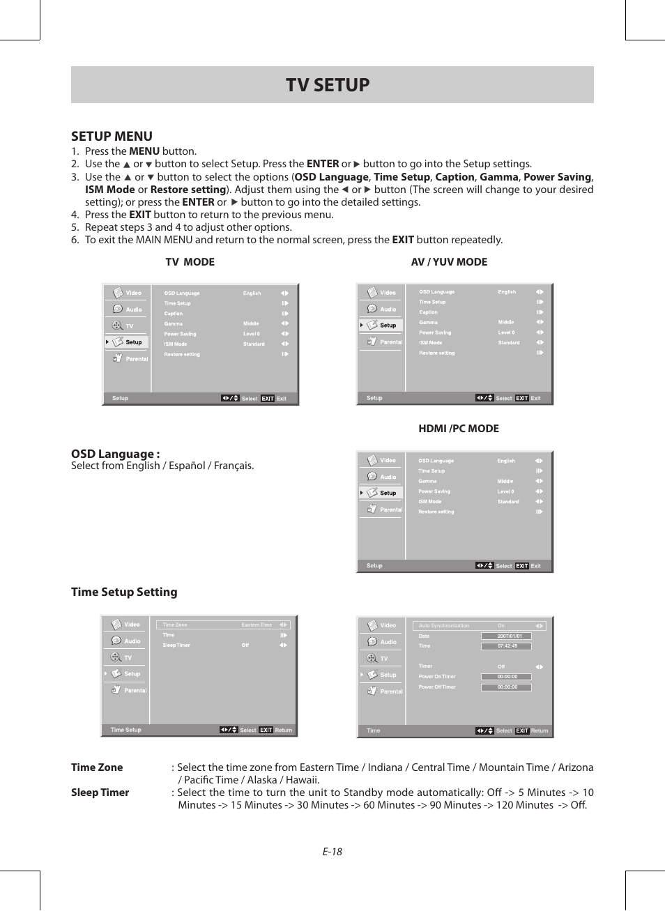 Tv setup, Setup menu, Osd language | Time setup setting, E-18, Select from english / español / français, Hdmi /pc mode | Venturer PDV28420C User Manual | Page 19 / 27