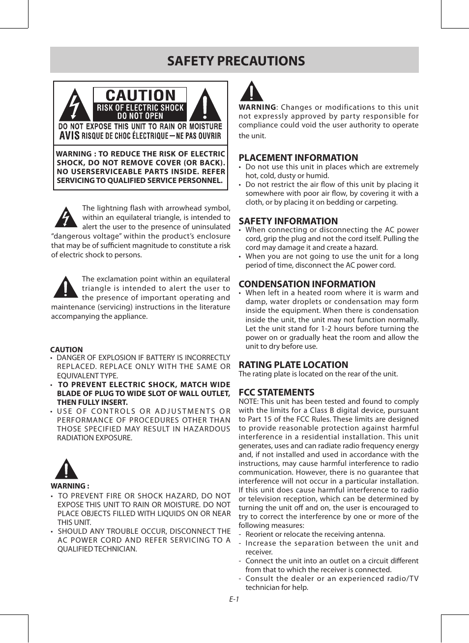 Safety precautions, Placement information, Safety information | Condensation information, Rating plate location, Fcc statements | Venturer PDV28420C User Manual | Page 2 / 27