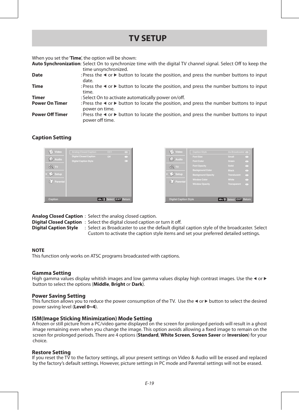 Tv setup, Caption setting, Gamma setting | Power saving setting, Ism(image sticking minimization) mode setting, Restore setting | Venturer PDV28420C User Manual | Page 20 / 27
