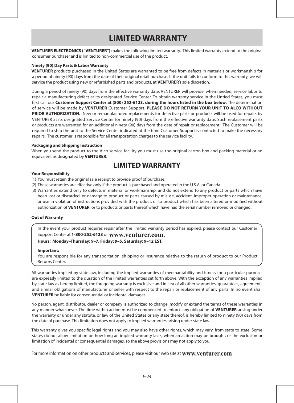 Limited warranty | Venturer PDV28420C User Manual | Page 25 / 27