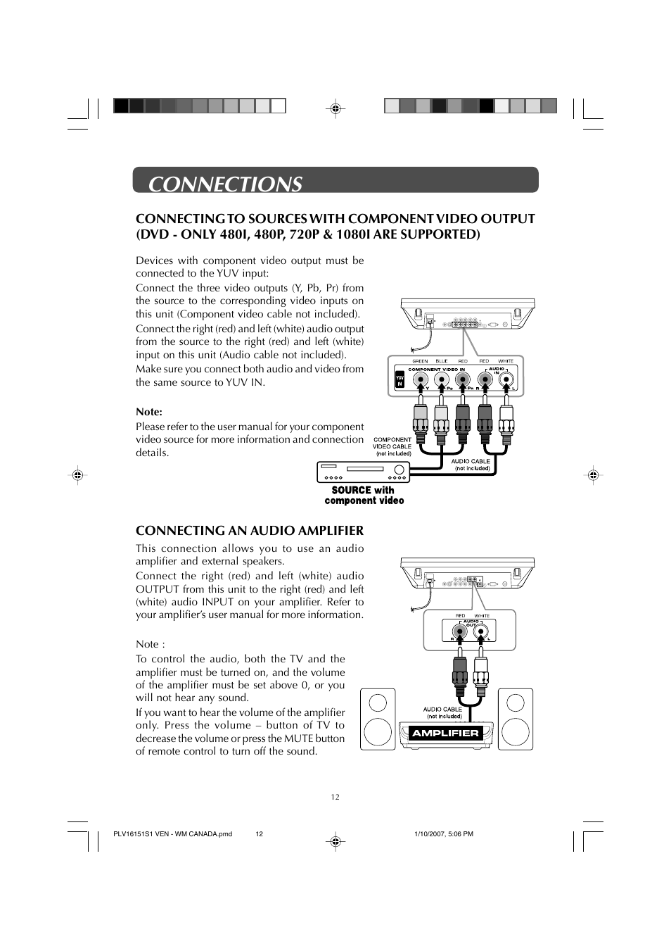 Connections, Connecting an audio amplifier | Venturer PLV1615S User Manual | Page 12 / 23