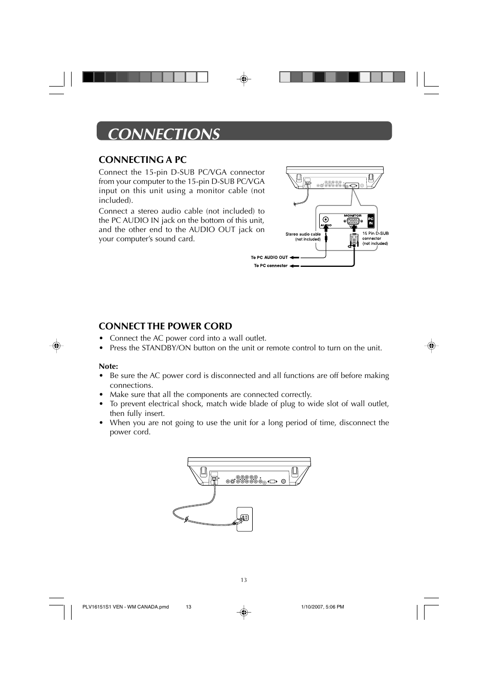 Connections, Connecting a pc, Connect the power cord | Venturer PLV1615S User Manual | Page 13 / 23