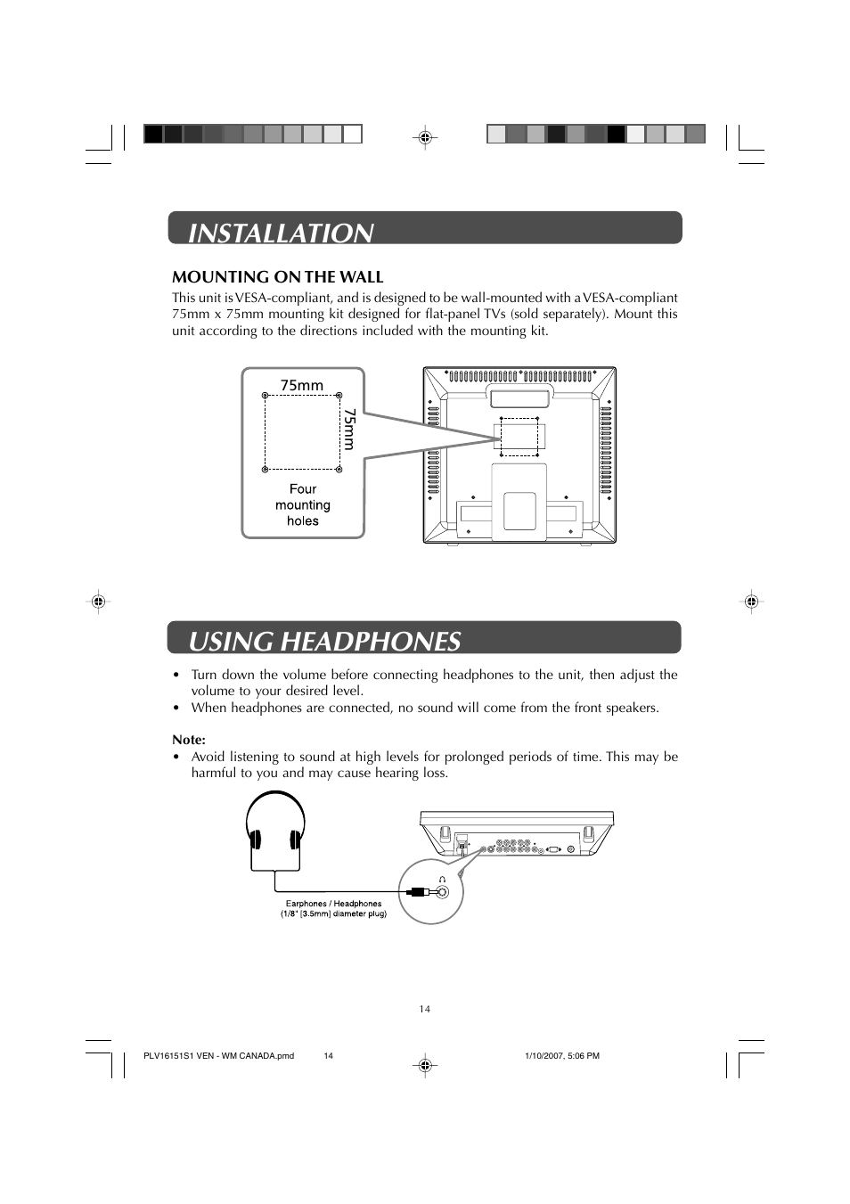 Using headphones installation | Venturer PLV1615S User Manual | Page 14 / 23