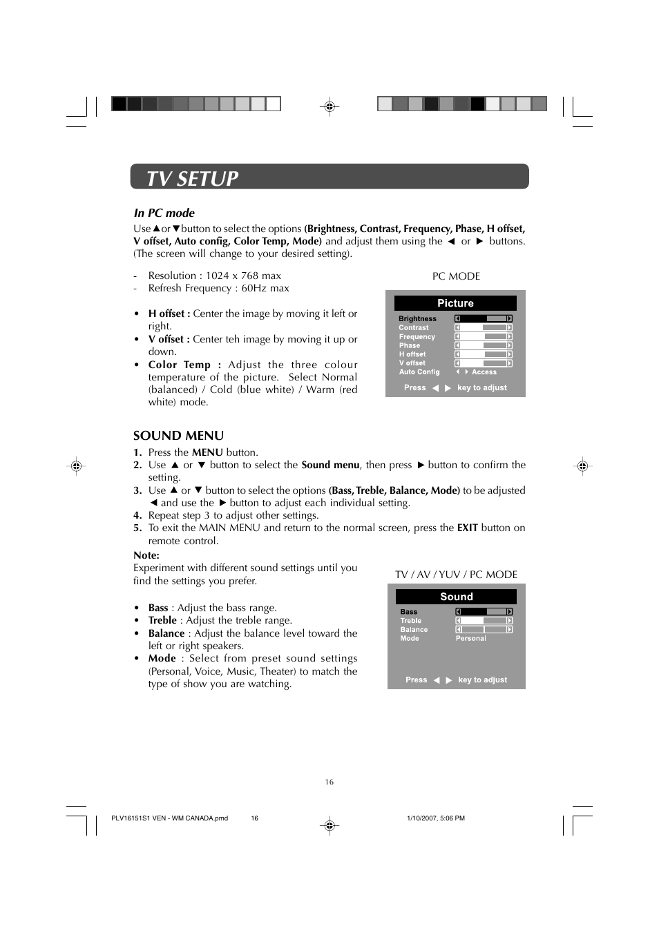 Tv setup, Sound menu | Venturer PLV1615S User Manual | Page 16 / 23