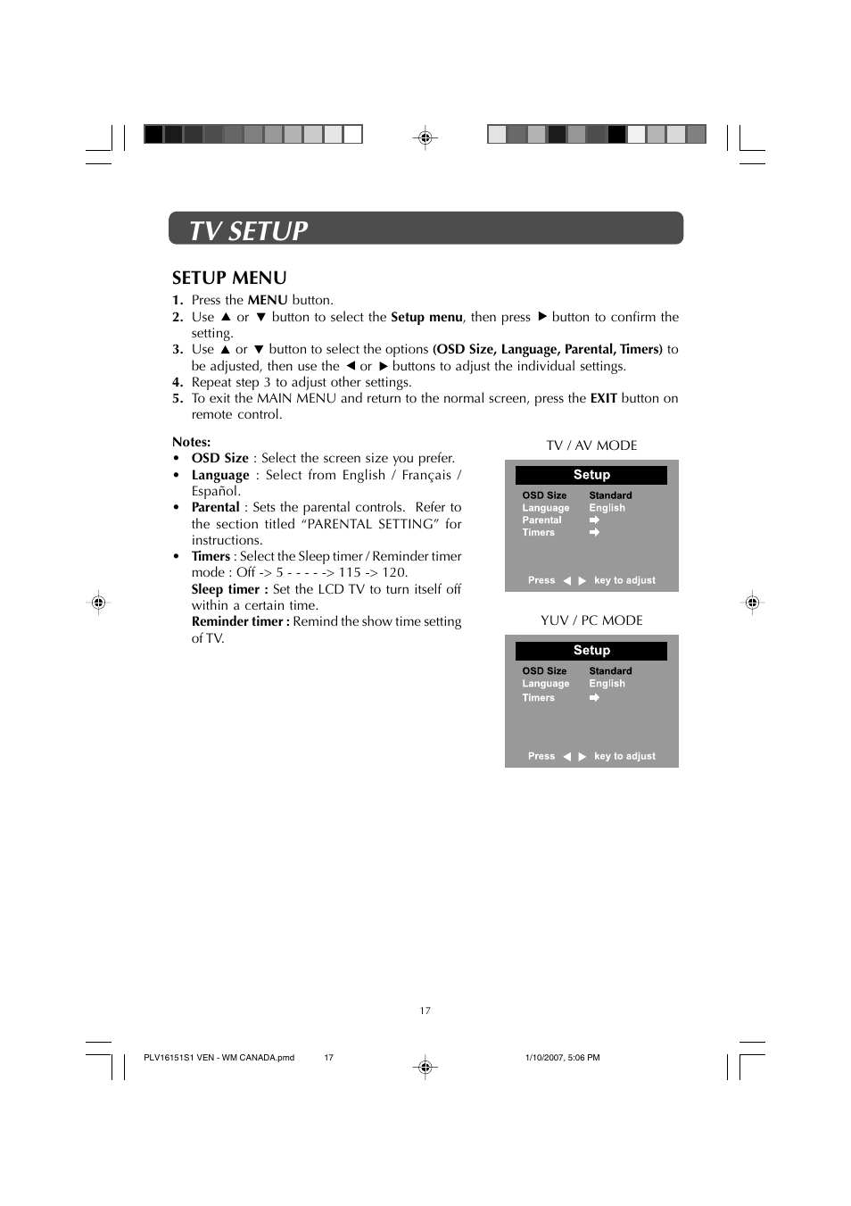 Tv setup, Setup menu | Venturer PLV1615S User Manual | Page 17 / 23