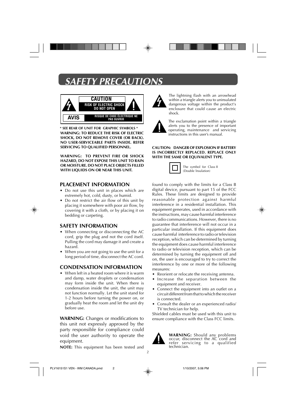 Safety precautions, Placement information, Safety information | Condensation information, Avis, Caution | Venturer PLV1615S User Manual | Page 2 / 23