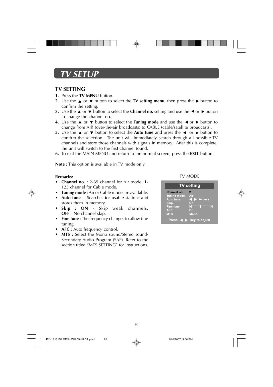 Tv setup, Tv setting | Venturer PLV1615S User Manual | Page 20 / 23