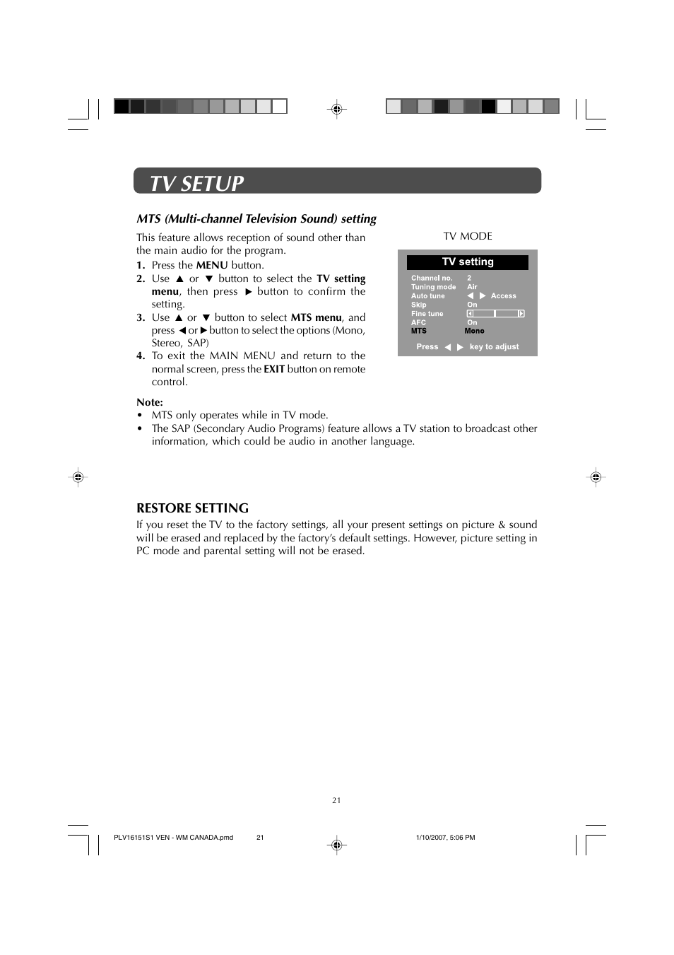 Tv setup, Restore setting | Venturer PLV1615S User Manual | Page 21 / 23