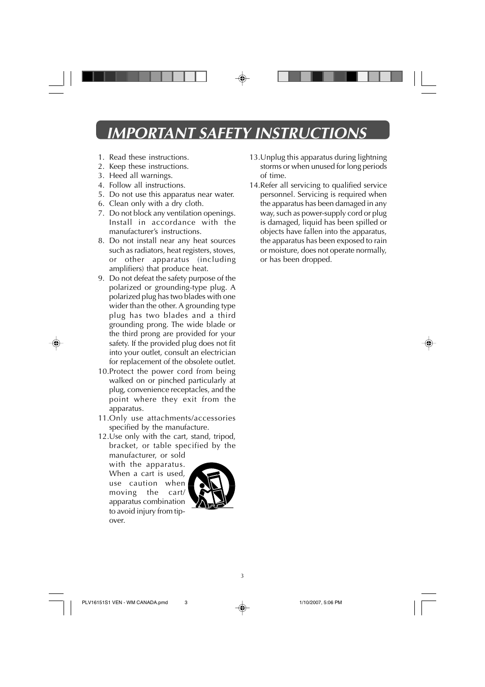 Important safety instructions | Venturer PLV1615S User Manual | Page 3 / 23