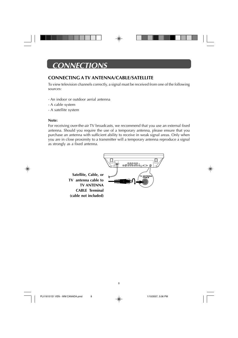 Connections, Connecting a tv antenna/cable/satellite | Venturer PLV1615S User Manual | Page 8 / 23