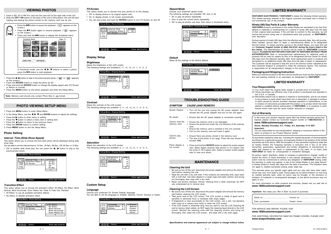 Limited warranty, Maintenance, Troubleshooting guide | Viewing photos, Photo viewing setup menu | Venturer DPF562SE User Manual | Page 2 / 2