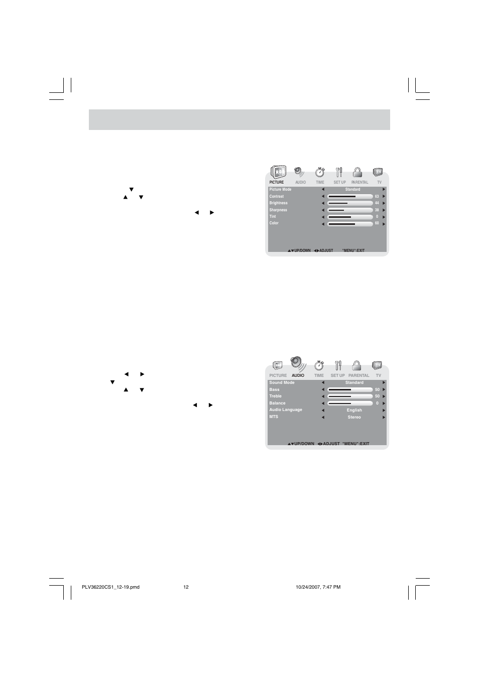 Tv setup, Picture menu, Audio menu | Venturer PLV36220S1 User Manual | Page 13 / 20