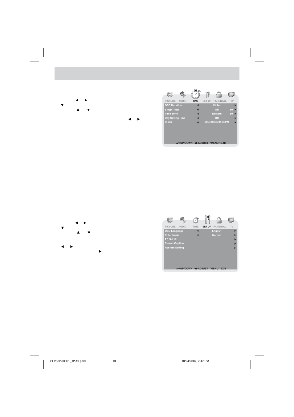 Tv setup, Set up menu, Time menu | Venturer PLV36220S1 User Manual | Page 14 / 20