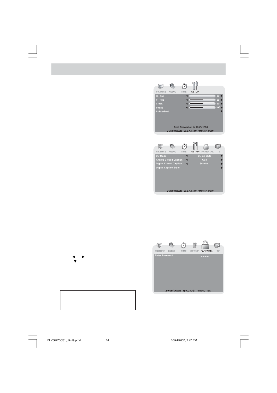 Tv setup, Parental menu, Password | Venturer PLV36220S1 User Manual | Page 15 / 20