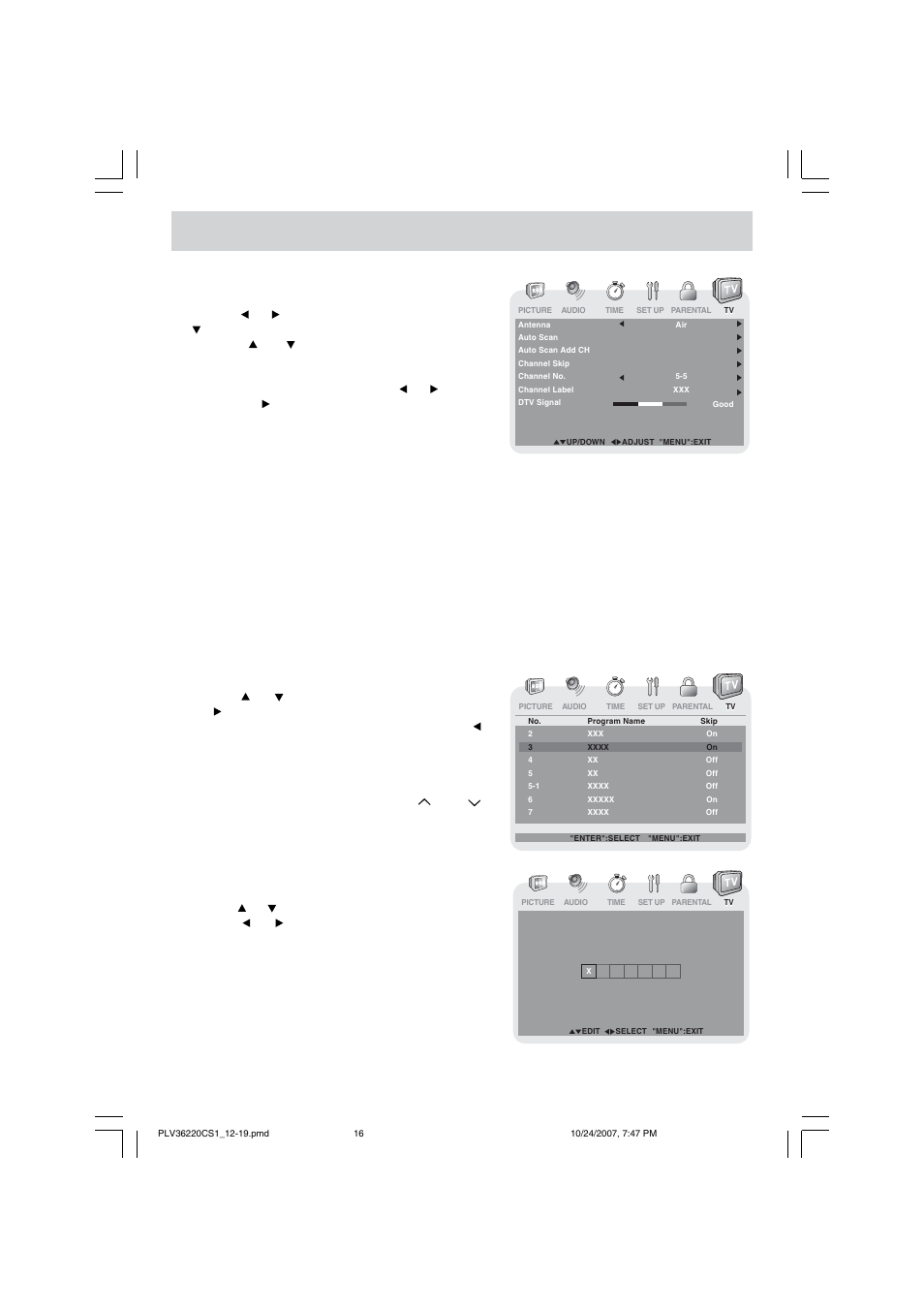 Tv setup, Tv menu (for tv mode only), Channel skip | Channel label | Venturer PLV36220S1 User Manual | Page 17 / 20