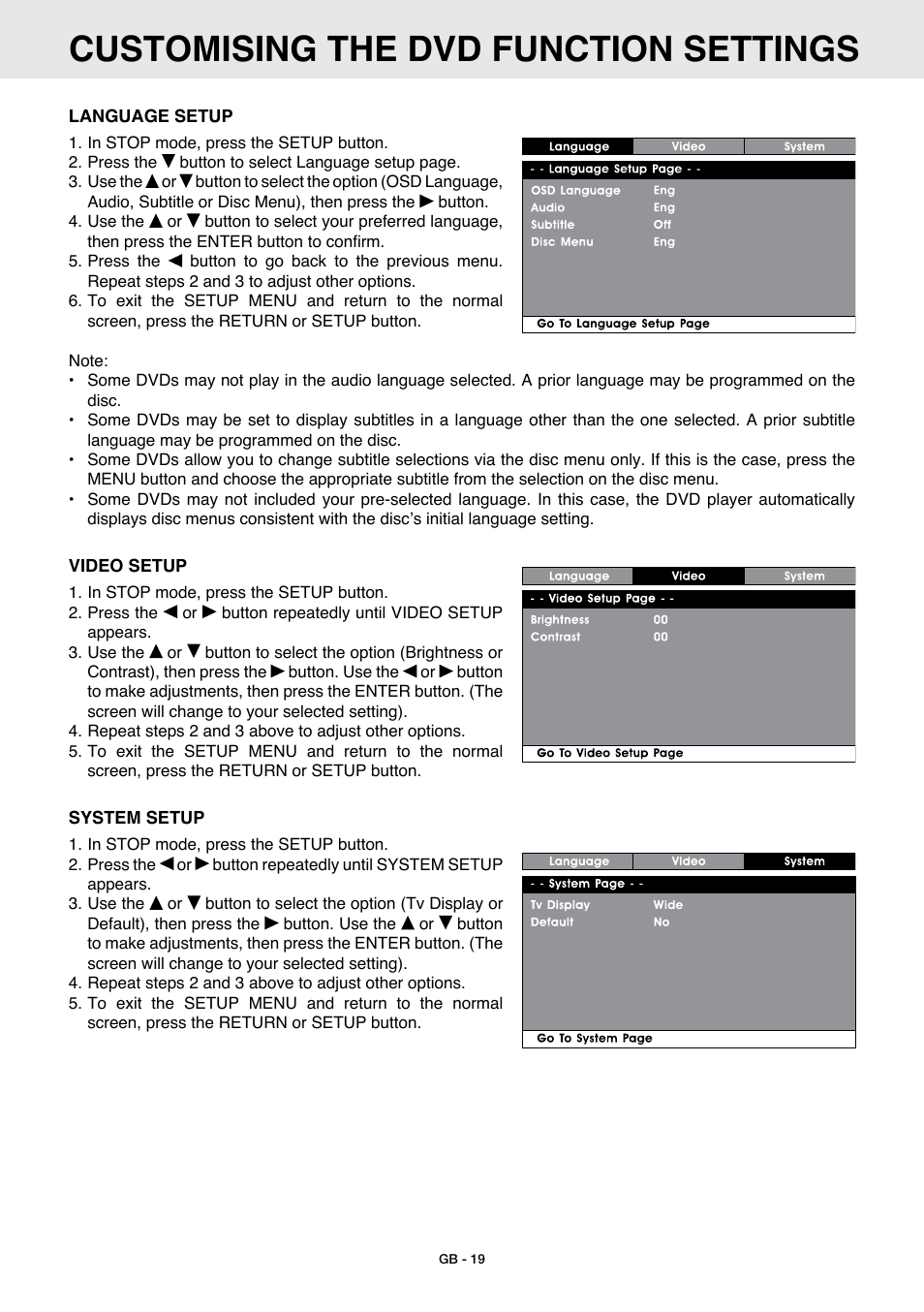 Customising the dvd function settings | Venturer GB - 1 User Manual | Page 20 / 24