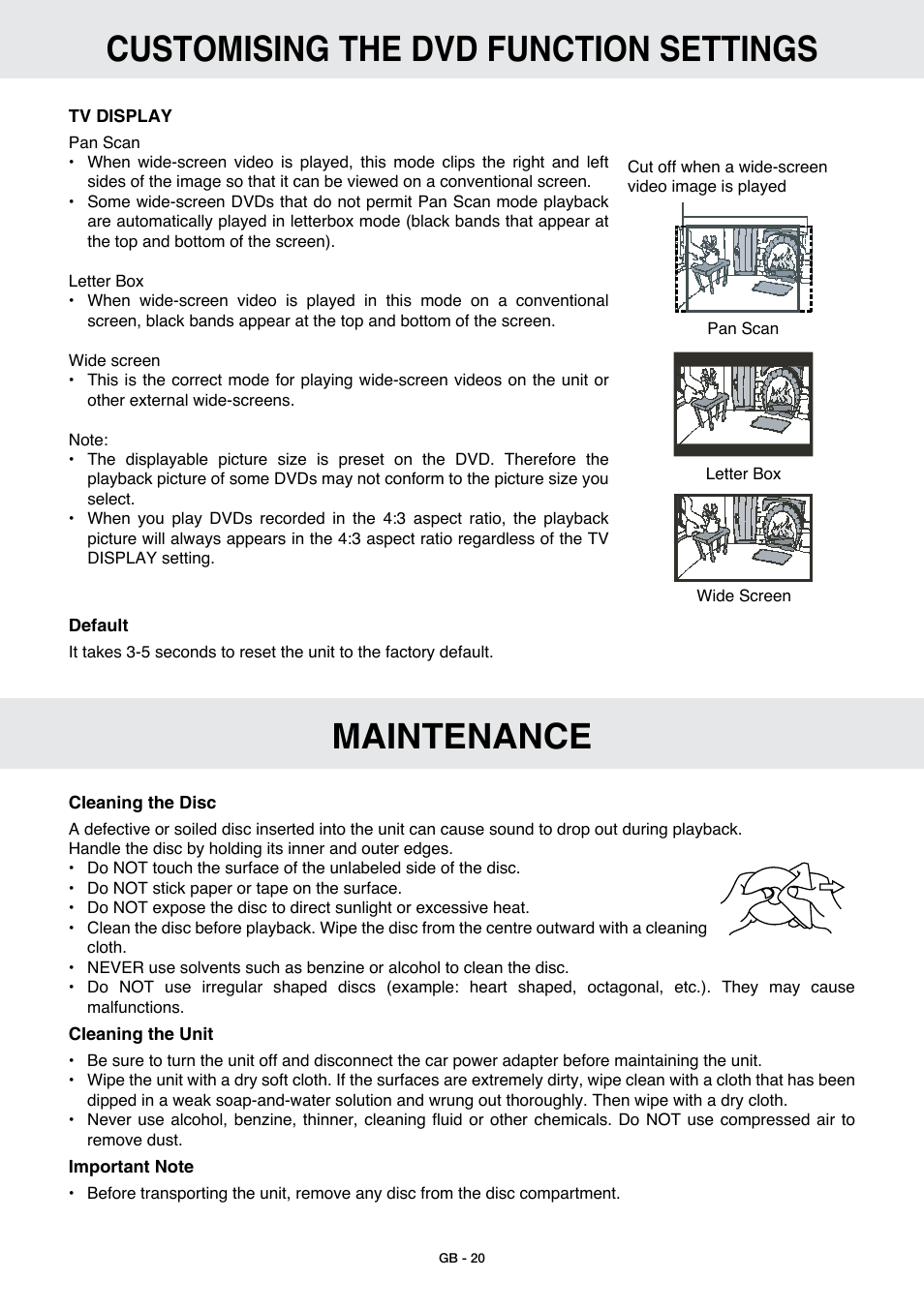Customising the dvd function settings, Maintenance | Venturer GB - 1 User Manual | Page 21 / 24