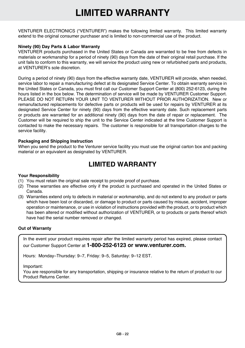 Limited warranty | Venturer GB - 1 User Manual | Page 23 / 24