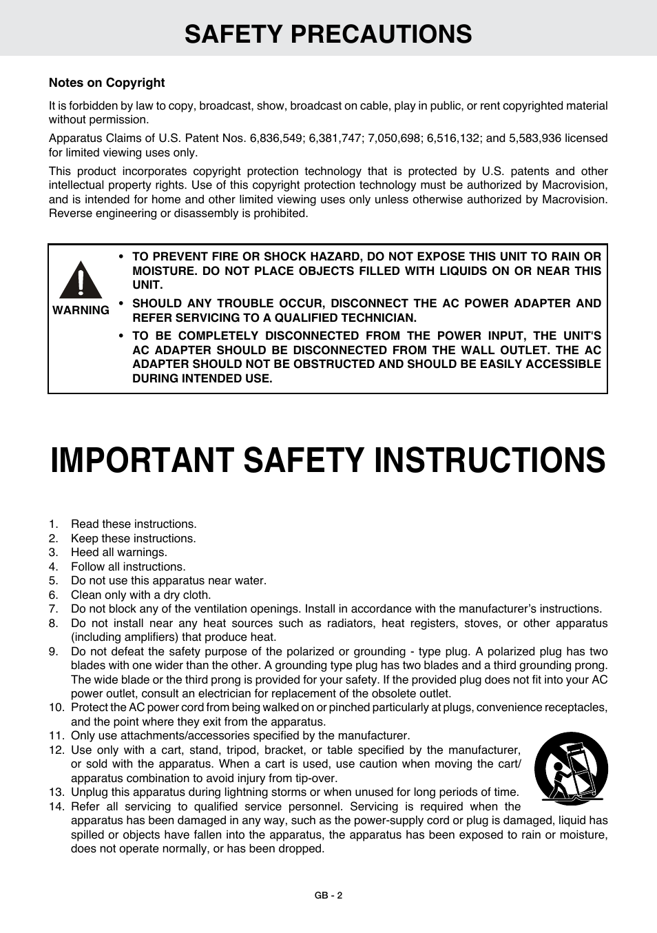Important safety instructions, Safety precautions | Venturer GB - 1 User Manual | Page 3 / 24