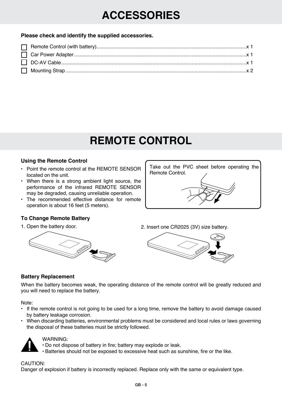 Accessories remote control | Venturer GB - 1 User Manual | Page 6 / 24
