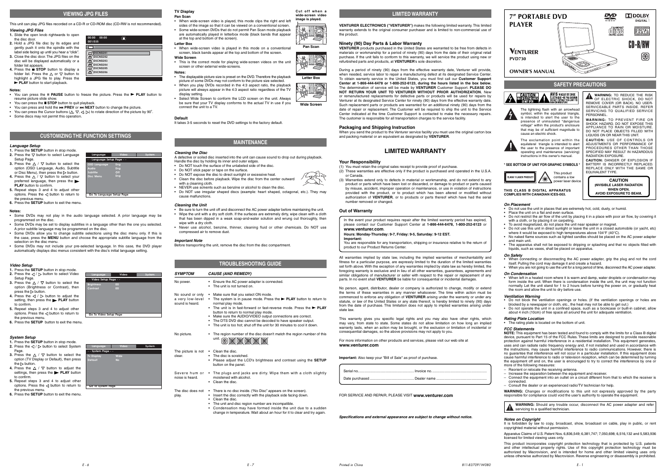 Venturer PVD730 User Manual | 1 page