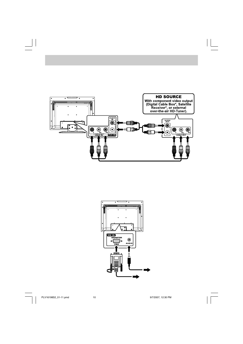 Connections, Connecting a high-definition (hd) source, Connecting a pc | Venturer PLV16198 User Manual | Page 11 / 20