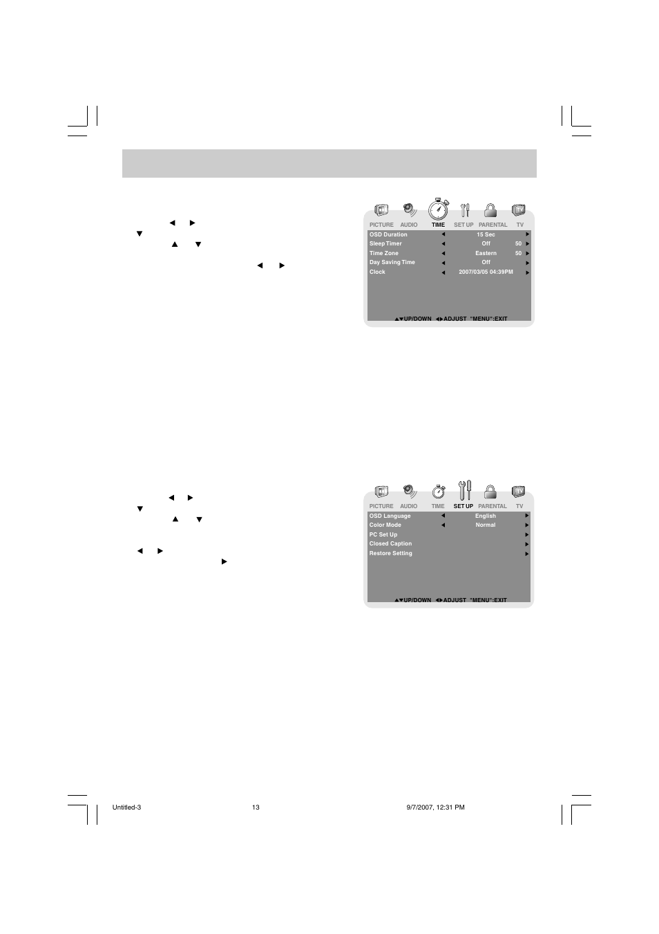Tv setup, Set up menu, Time menu | Venturer PLV16198 User Manual | Page 14 / 20
