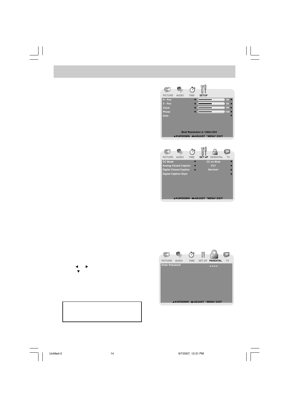 Tv setup, Parental menu, Password | Venturer PLV16198 User Manual | Page 15 / 20