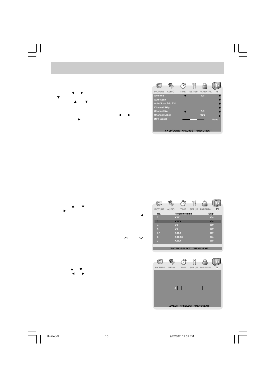 Tv setup, Tv menu (for tv mode only), Channel skip | Channel label | Venturer PLV16198 User Manual | Page 17 / 20