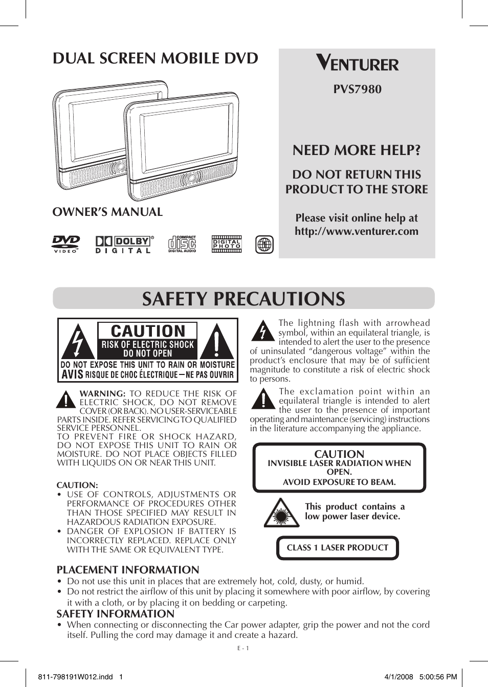 Venturer PVS7980 User Manual | 20 pages